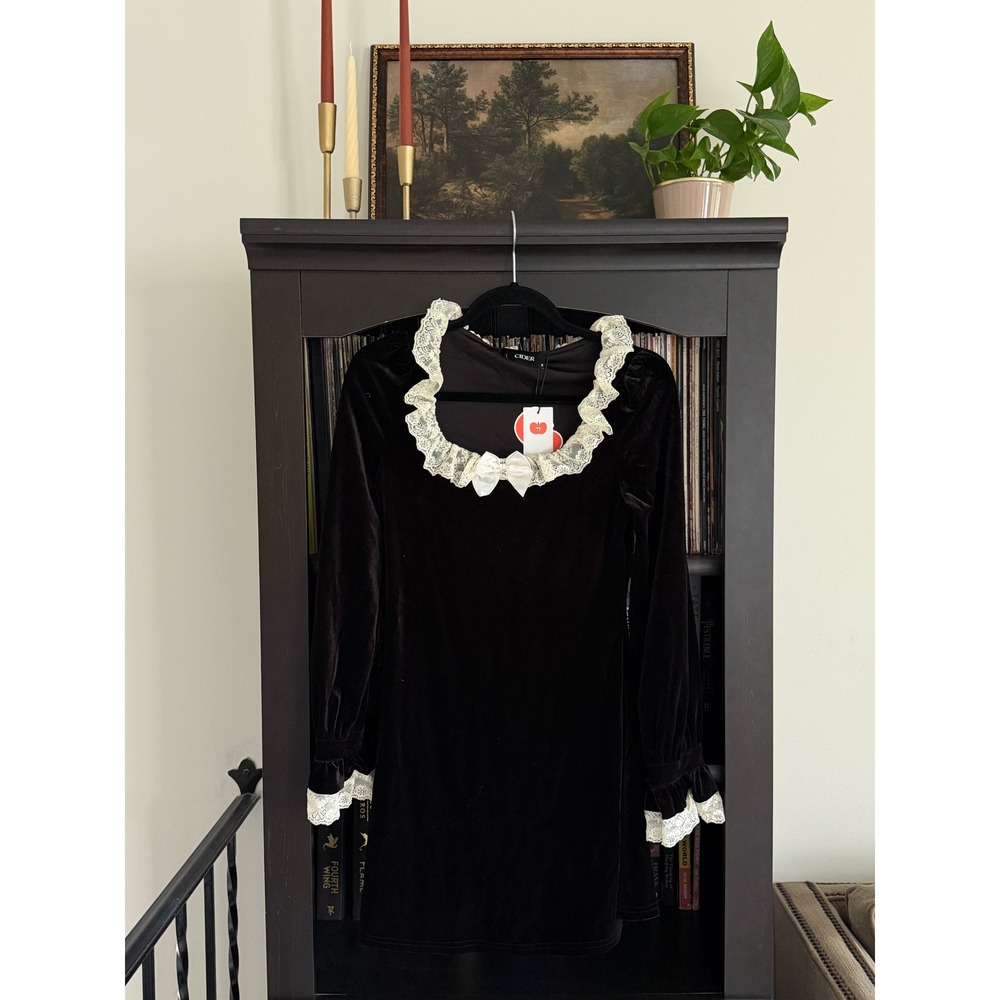 Cider Lace Trim Velvet Mini Dress S Black Long Sleeve Bow Gothic Lolita Party
